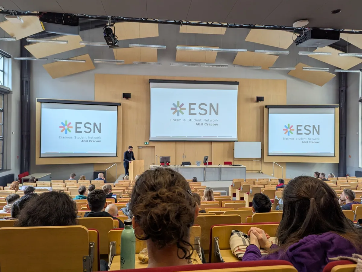 Erasmus Student Network AGH Cracow session in a university lecture hall