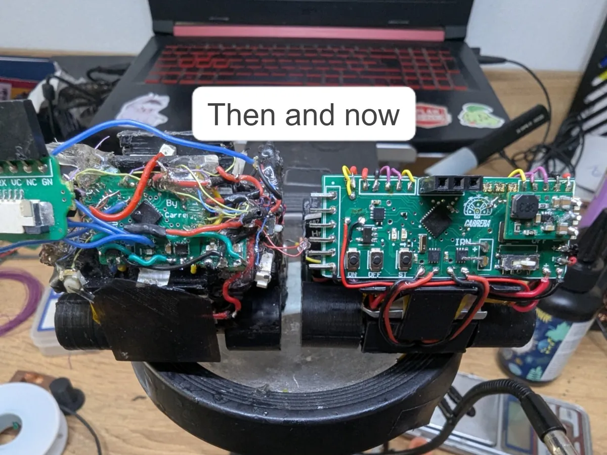 Comparison of an earlier hand-wired prototype next to the current engineered PCB