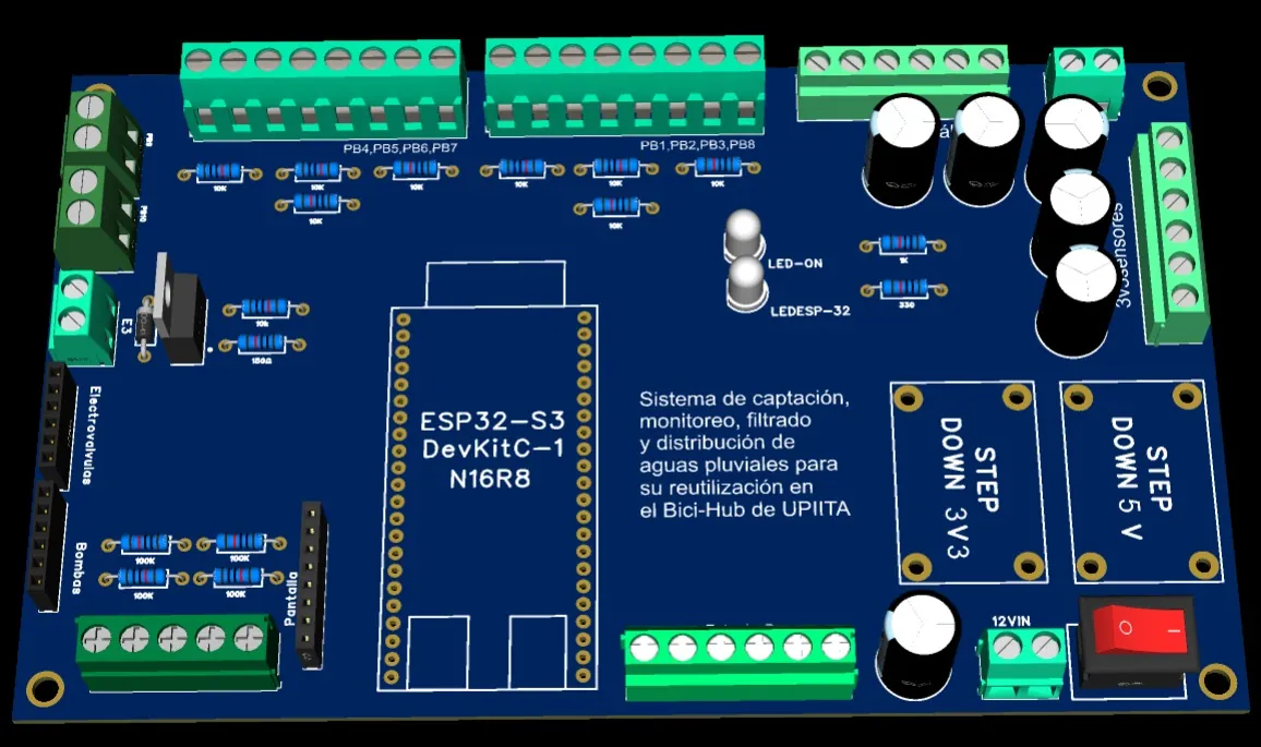 3D render of the custom ESP32-S3 control board designed for the rainwater system