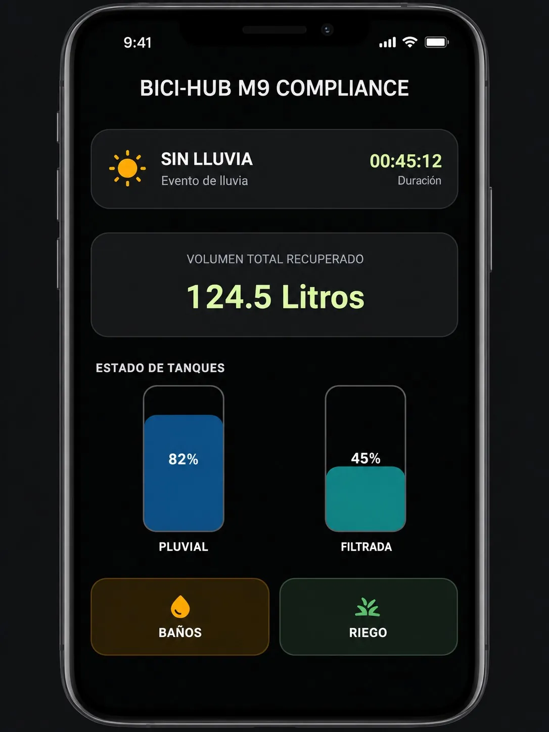 Bici-Hub M9 compliance app showing recovered rainwater volume and tank status
